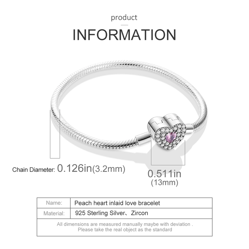 S925 Silver Plated Peach Heart Charm Bracelet for Women