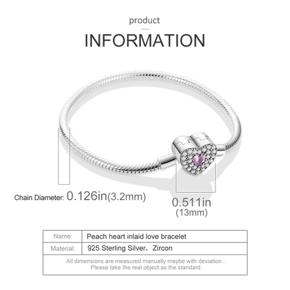 S925 Silver Plated Peach Heart Charm Bracelet for Women