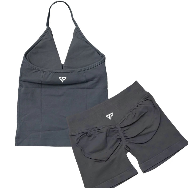 Seamless Lace-Up Bra and Shorts Yoga Set for Women