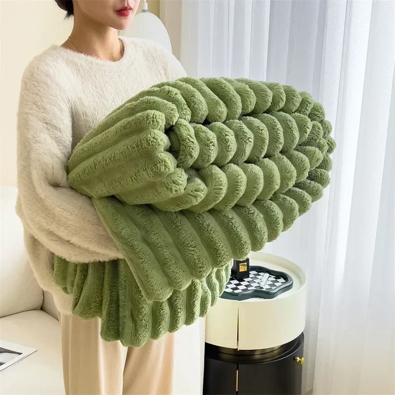 Luxury Faux Rabbit Fur Throw Blanket Solid Color Plush