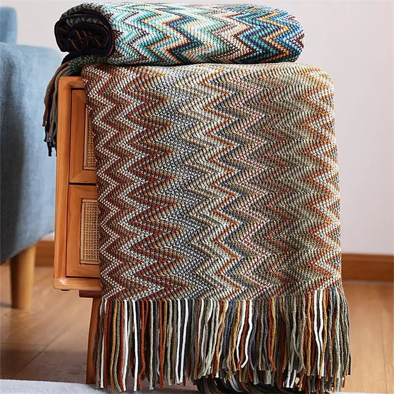 Bohemian Acrylic Hand Knitted Blanket with Tassels