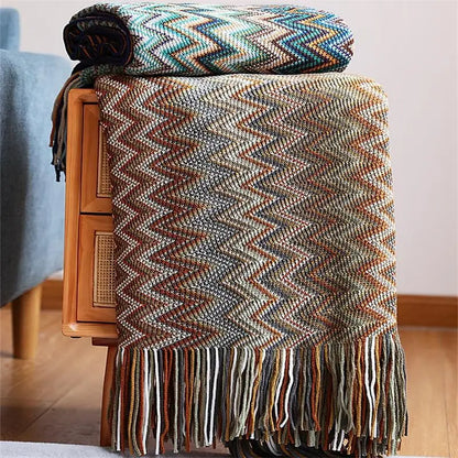 Bohemian Acrylic Hand Knitted Blanket with Tassels