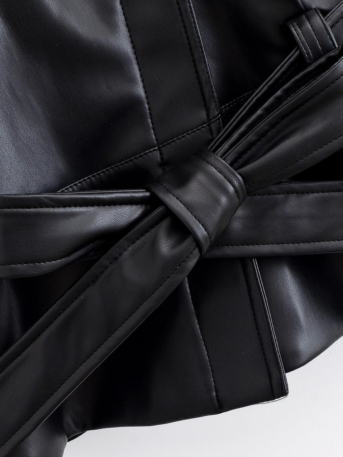 Black Faux Leather Vintage Trench Coat for Women