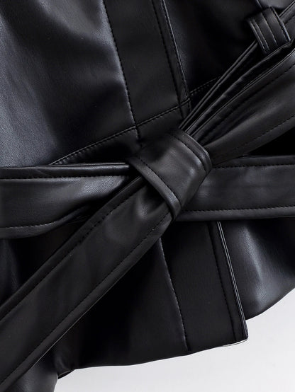 Black Faux Leather Vintage Trench Coat for Women
