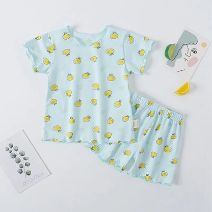 Girl Summer Pajama Sets Cartoon Pattern Ice Silk