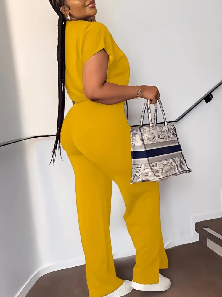 Women Casual Short Sleeve Drawstring Top and High Waist Pants Set