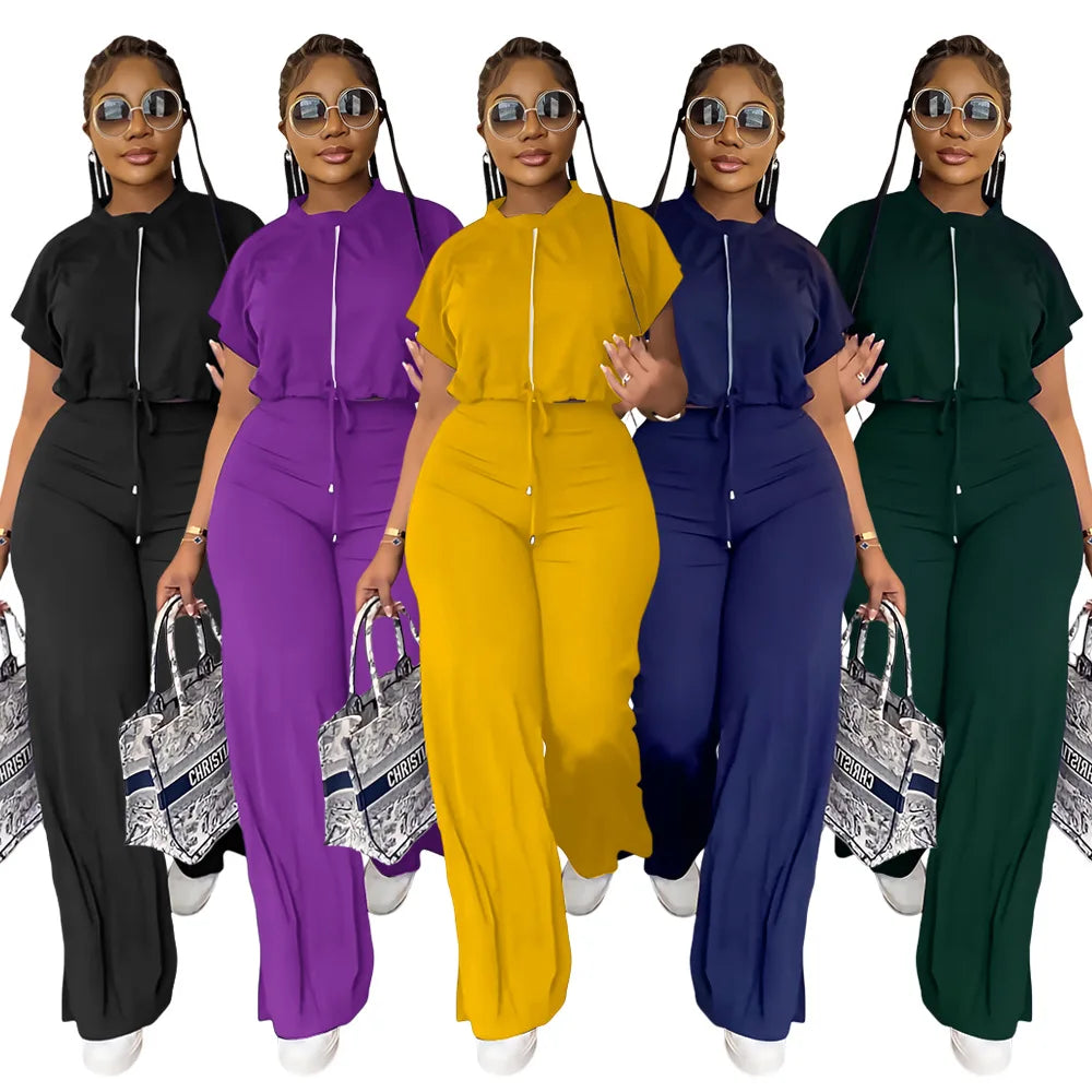 Women Casual Short Sleeve Drawstring Top and High Waist Pants Set