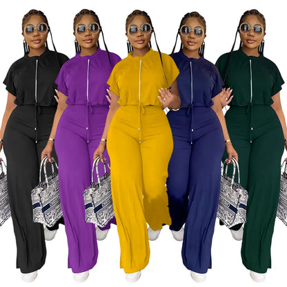 Women Casual Short Sleeve Drawstring Top and High Waist Pants Set