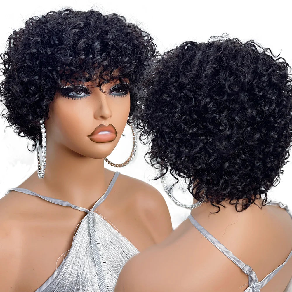 Pixie Cut Afro Curly Human Hair Wig with Bangs