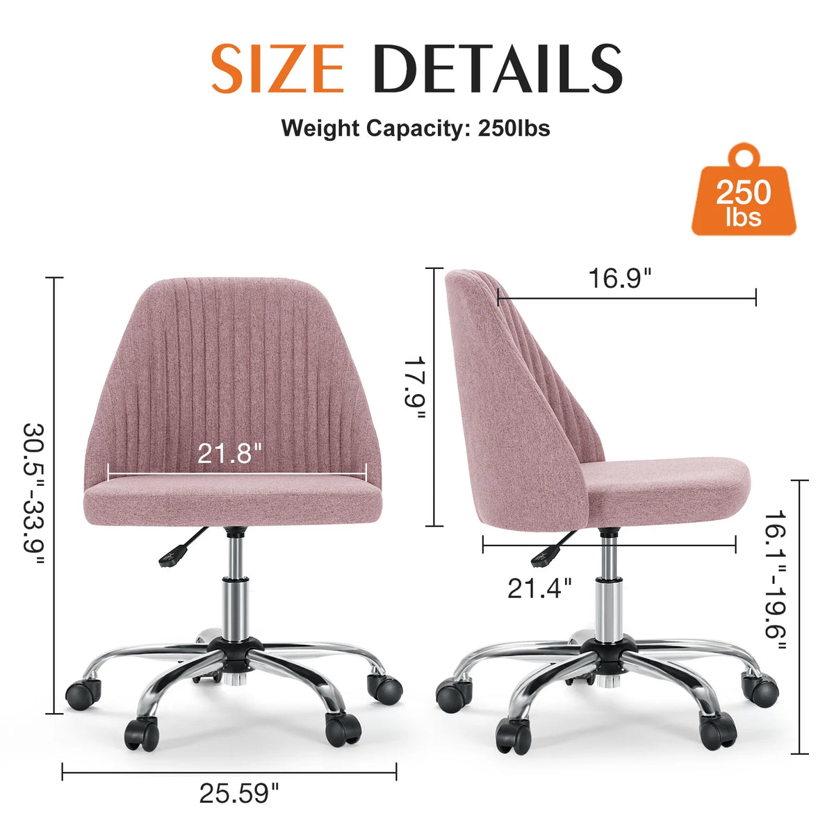 JHK Armless Swivel Office Chair with Fabric and Wheels