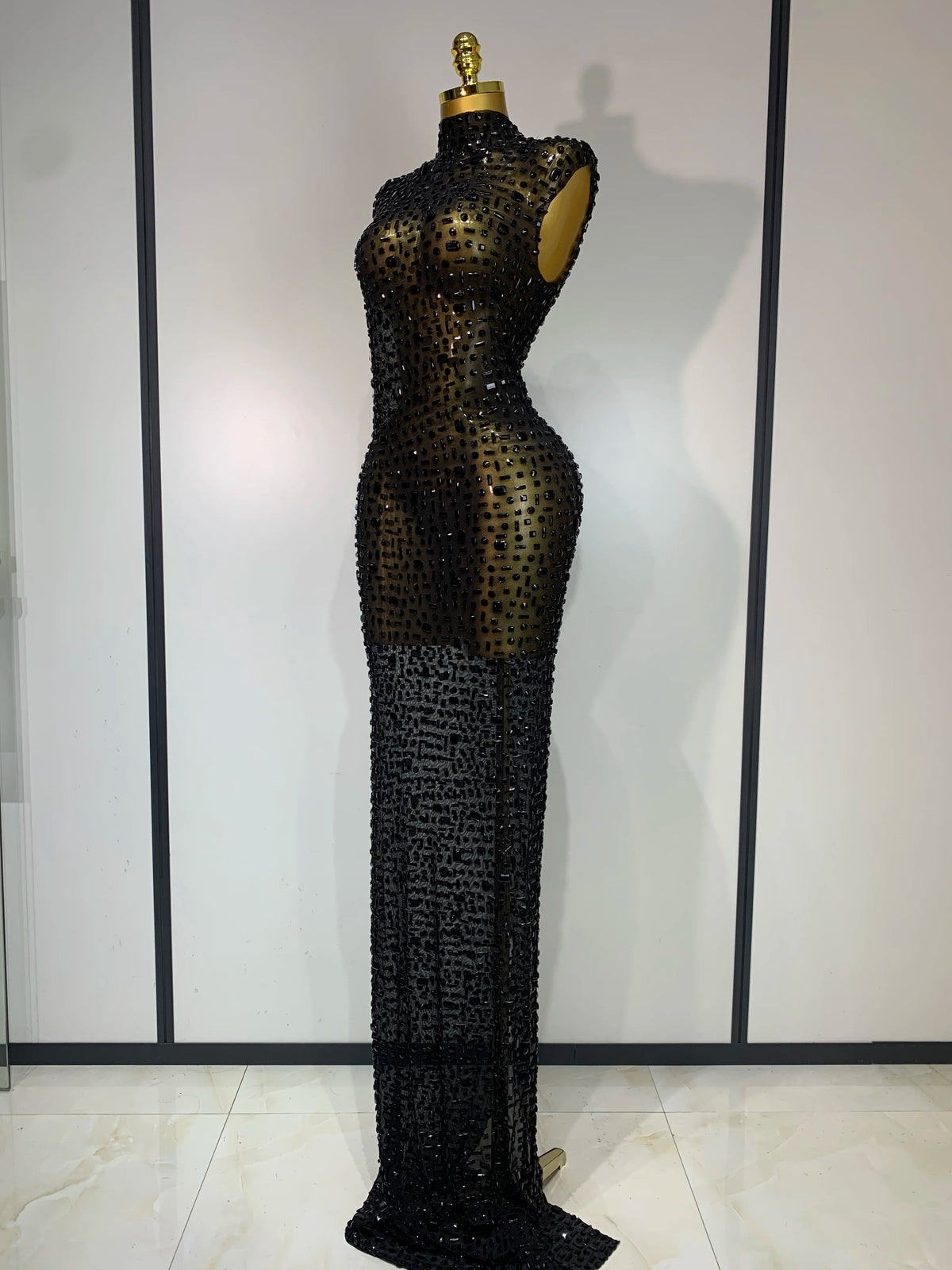 Gold Rhinestone Sleeveless Long Dress for Women