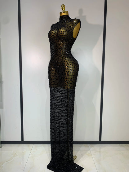 Gold Rhinestone Sleeveless Long Dress for Women