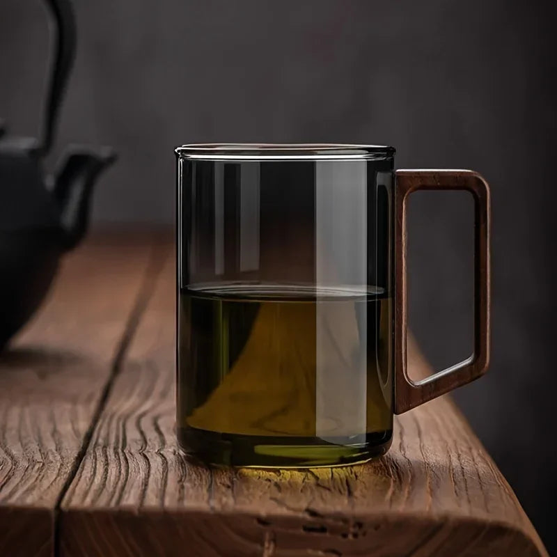 400ml Glass Cups with Walnut Handle for Tea