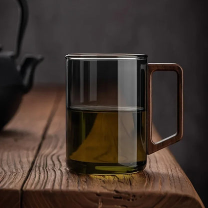 400ml Glass Cups with Walnut Handle for Tea