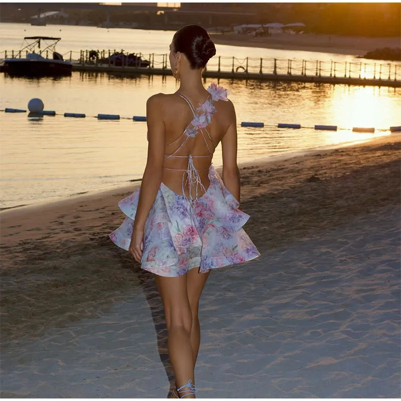 Women Tie-Dye Flower Deep V Neck Flare Sleeve Mini Dress