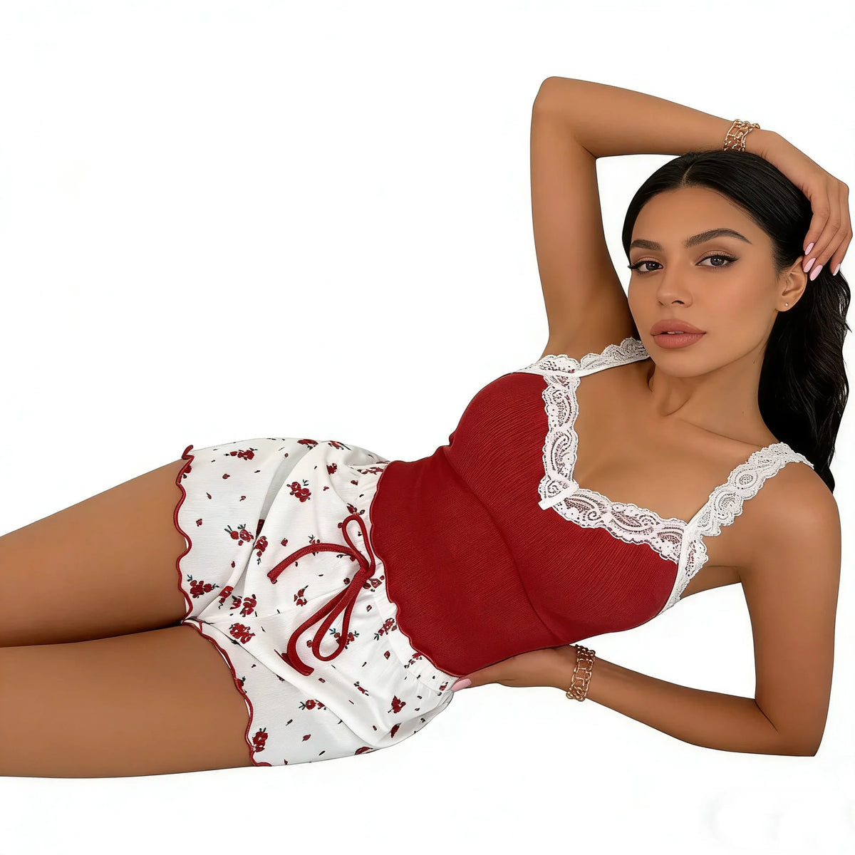 Women's Lace Camisole Vest and Shorts Sleepwear Pink