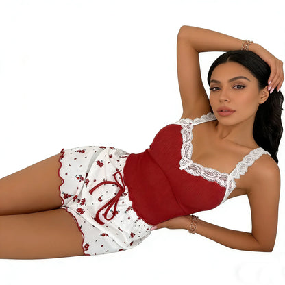 Women's Lace Camisole Vest and Shorts Sleepwear Pink