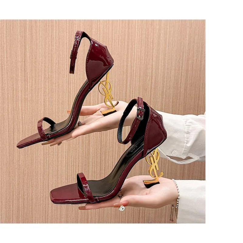 Elegant Red Wine High Heel Sandals with Unique Strap