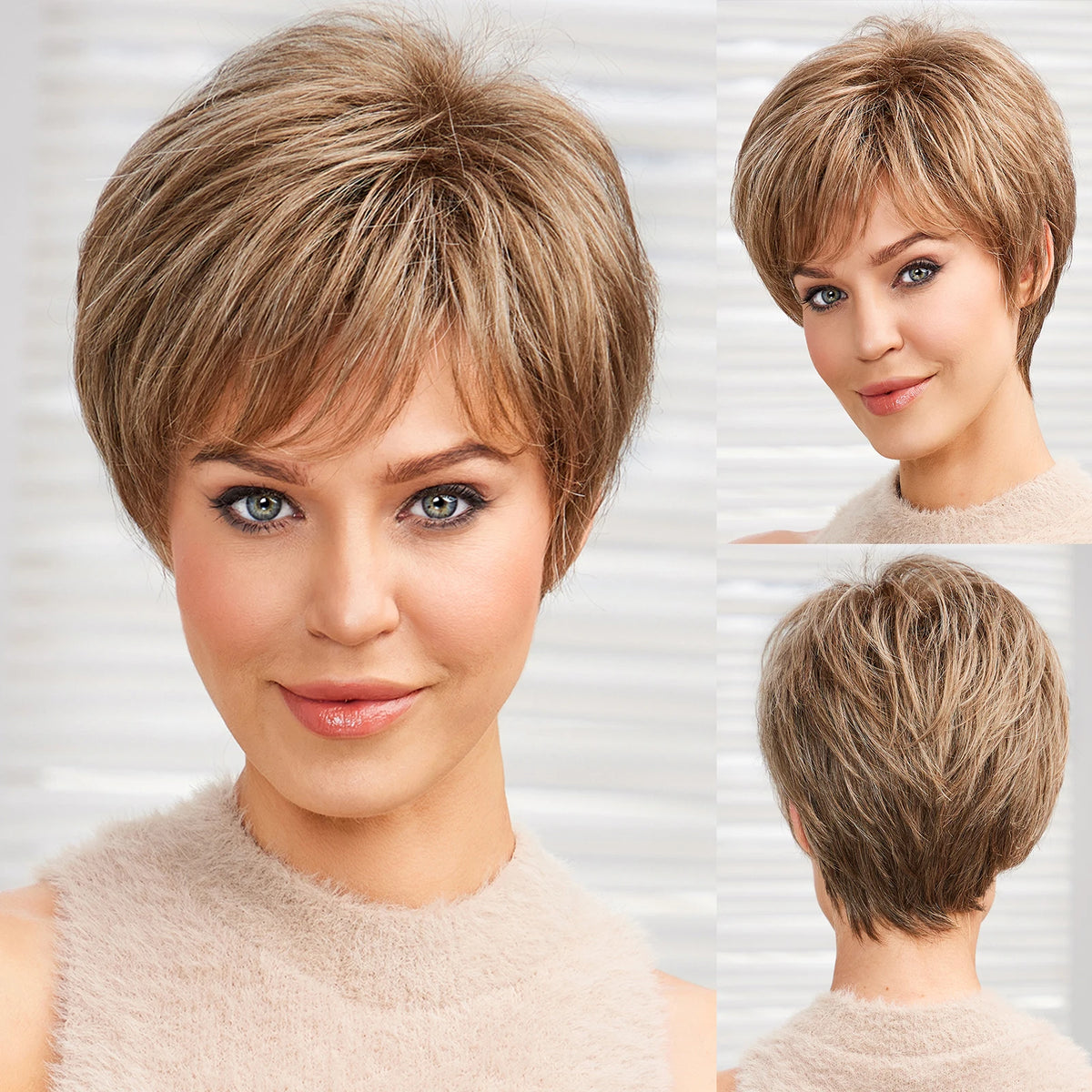 Light Blonde Mixed Off-White Pixie Cut Wig with Bangs