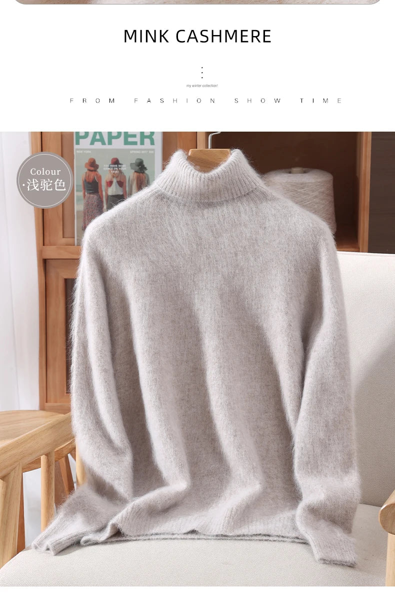 Mink Fur High Collar Pullover Sweater for Women