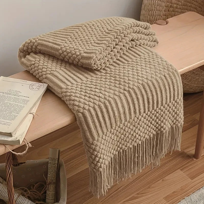 Khaki Knitted Acrylic Blanket with Tassels