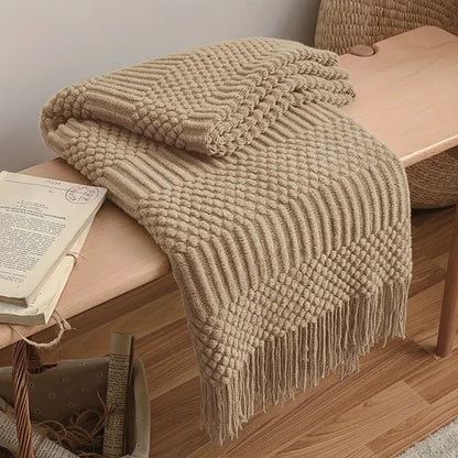 Khaki Knitted Acrylic Blanket with Tassels