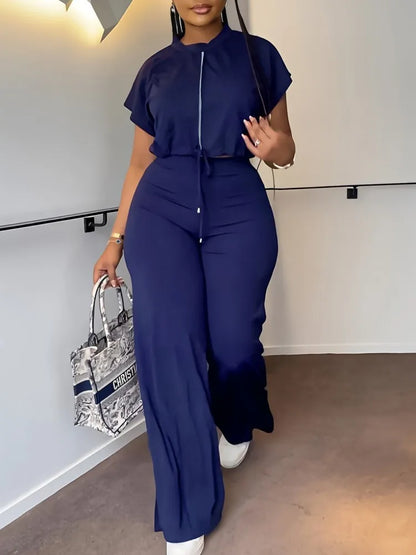 Women Casual Short Sleeve Drawstring Top and High Waist Pants Set