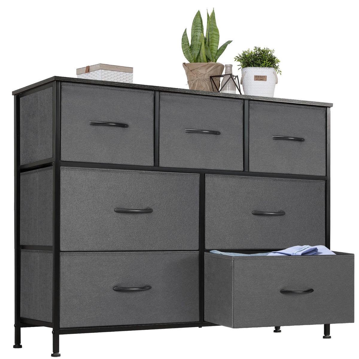 JHK Modern Wooden Dresser with 7 Fabric Drawers