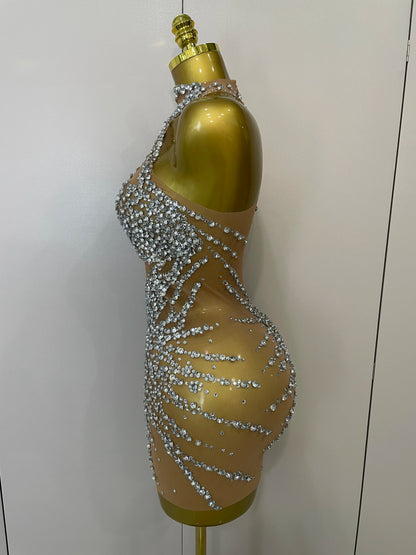 Sparkly Rhinestones Mesh See Through Dress for Women