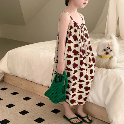 Sleeveless Beach Dress Printed Rose for Girls 4-6Y