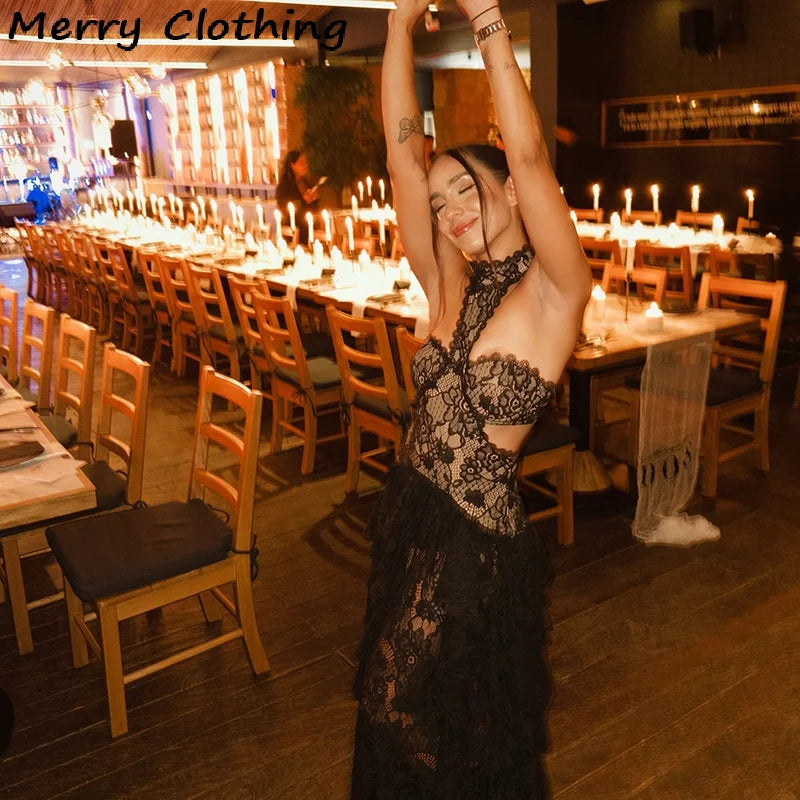 Sexy Lace Patchwork Halter Evening Gown for Women