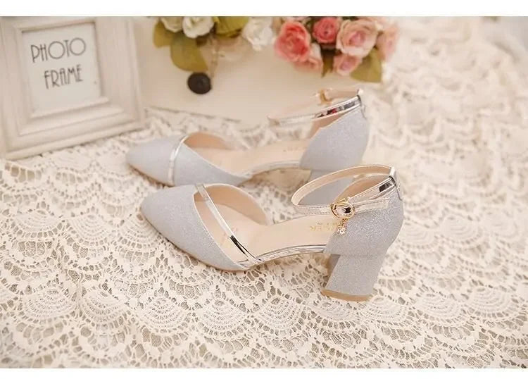 Black High-Heeled Shoes for Women - Silver and Gold
