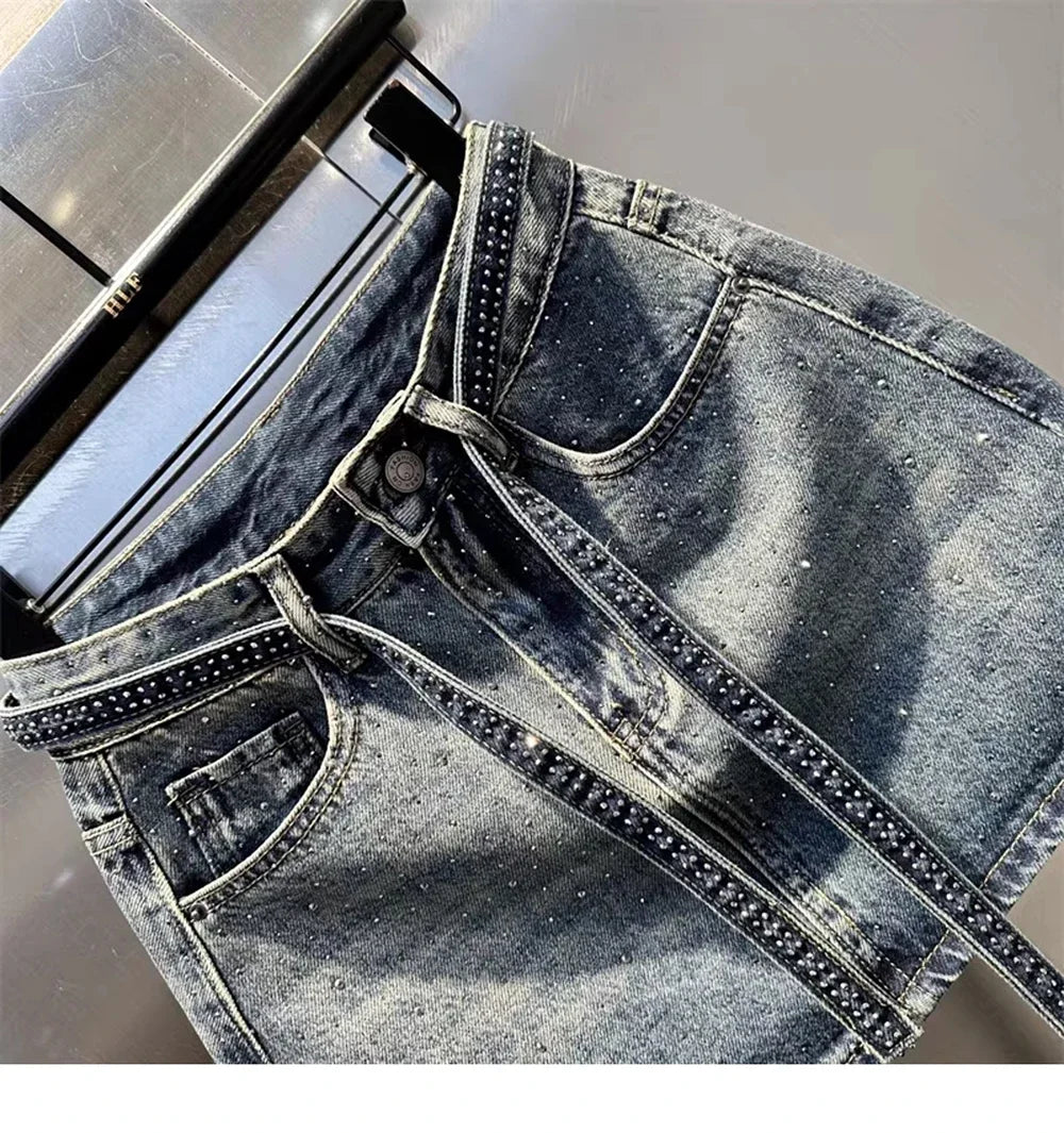 Oversize Diamond Denim Mini Skirt Women Gradient Black Grey