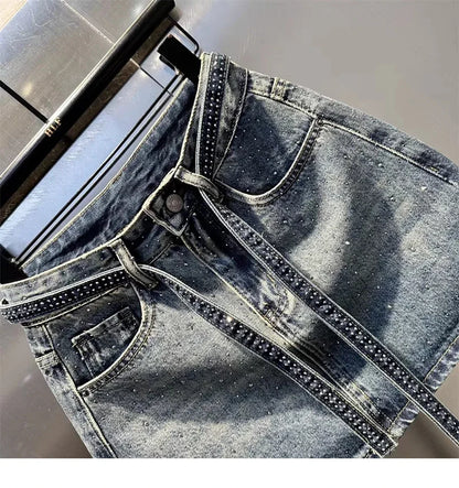 Oversize Diamond Denim Mini Skirt Women Gradient Black Grey