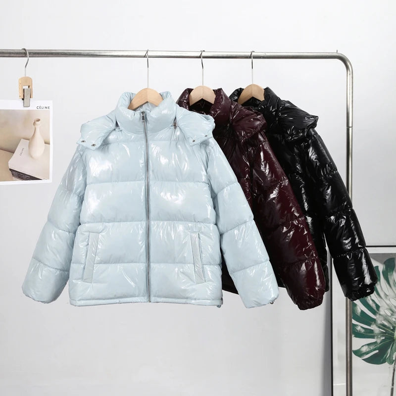 Solid Glossy Zipper Hooded Coat Women's Cotton Jacket