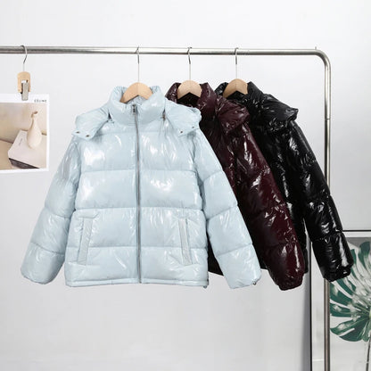Solid Glossy Zipper Hooded Coat Women's Cotton Jacket