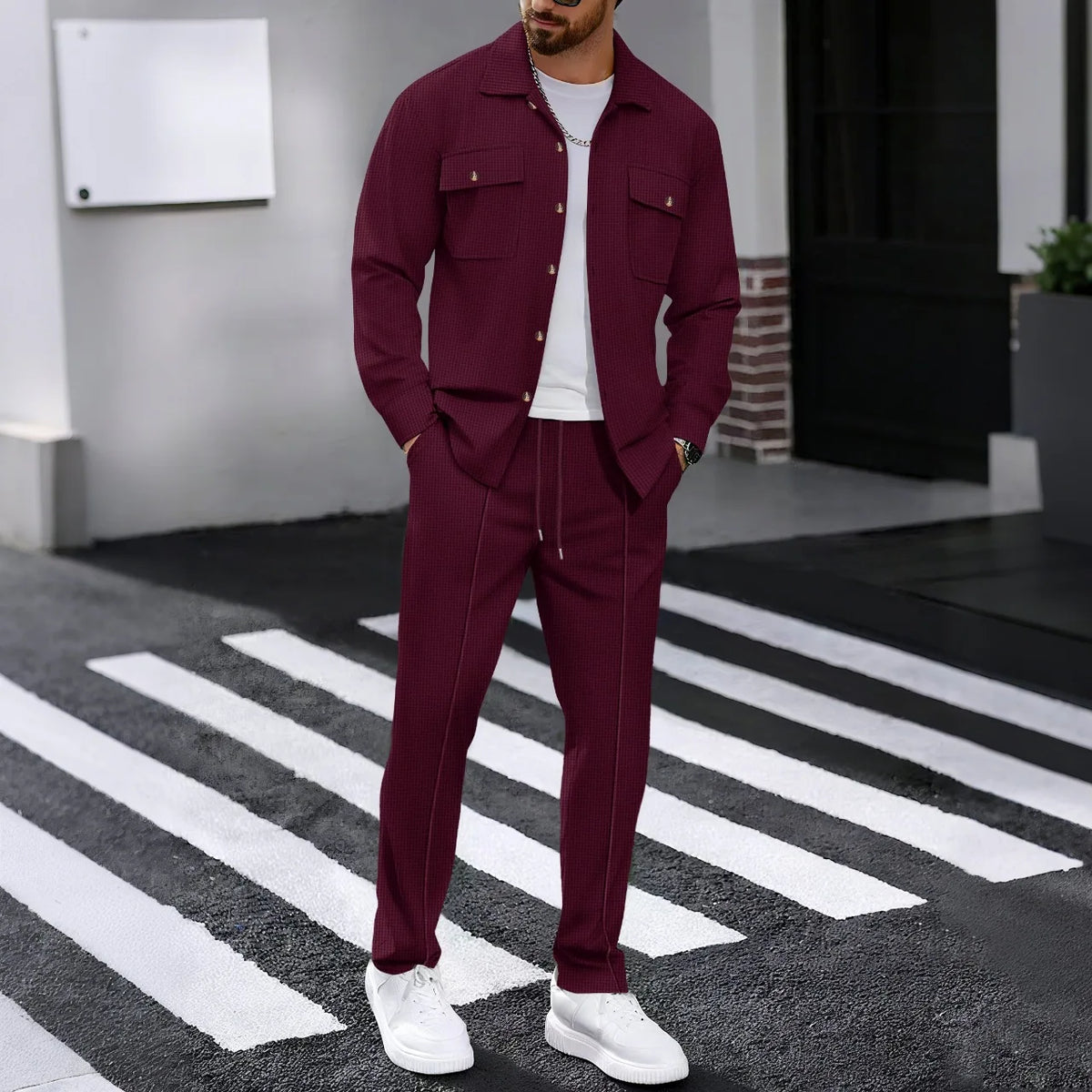 Men's Solid Color Waffle Longsleeved Pants Set