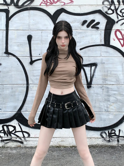 Black Pleated Leather A-line Skirt for Women