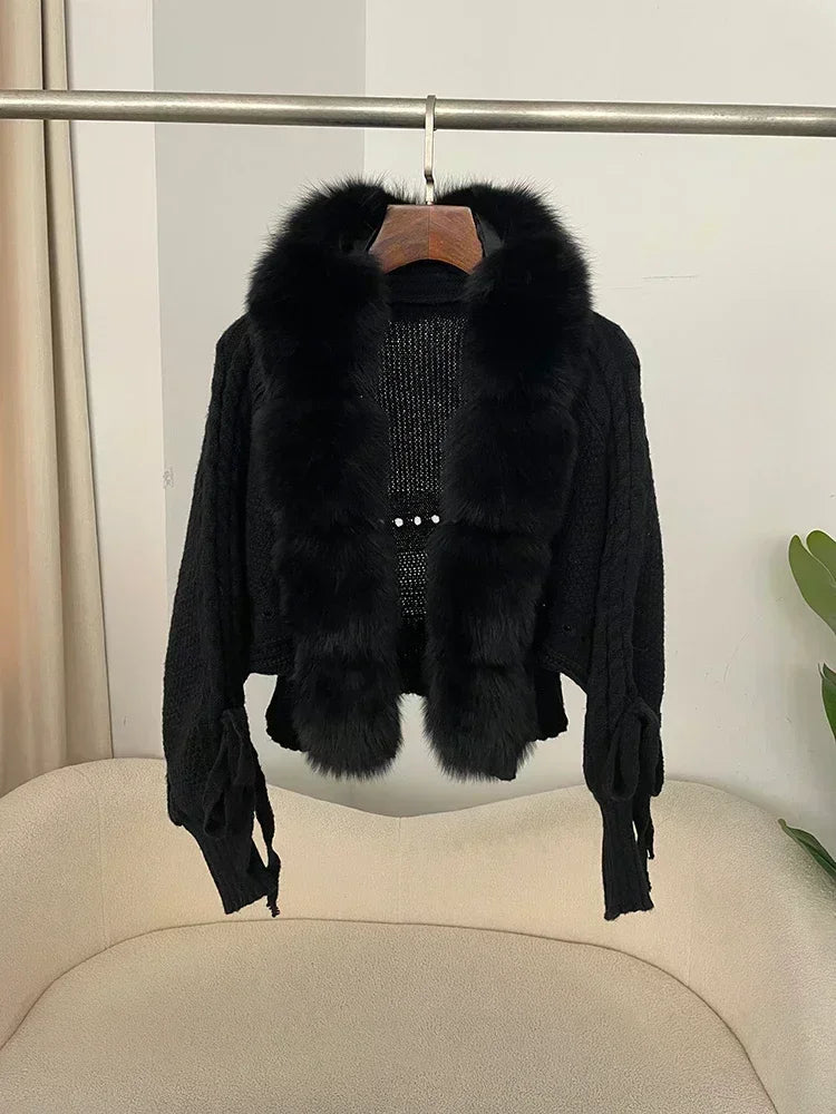 Knitted Cardigan Coat for Women with Real Fox Fur