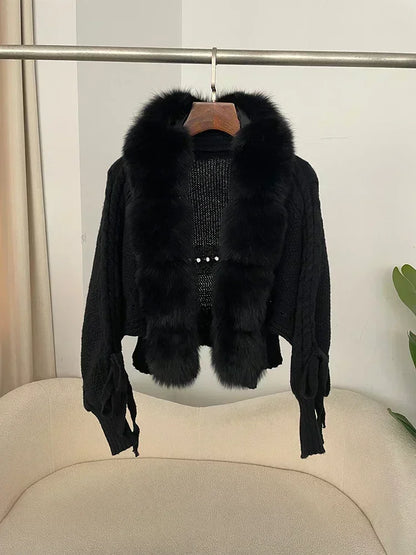 Knitted Cardigan Coat for Women with Real Fox Fur