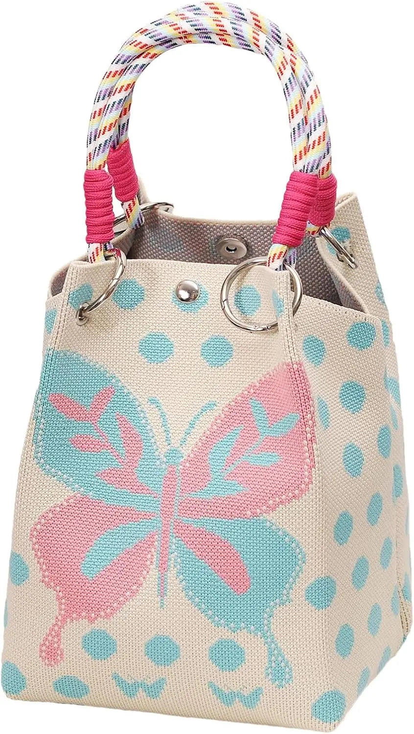 Mini Knitted Bucket Bag Women Colorblock Wristlet Purse