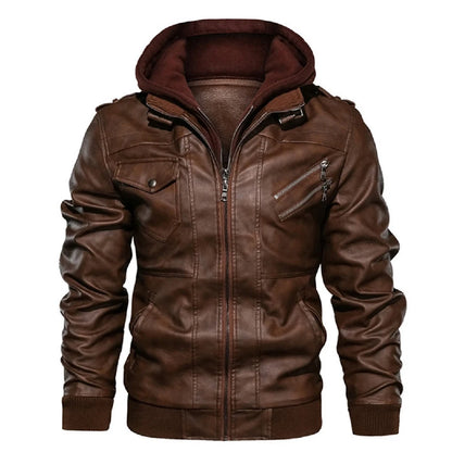 Men's Faux Leather Motorcycle Jacket with Detachable Hood