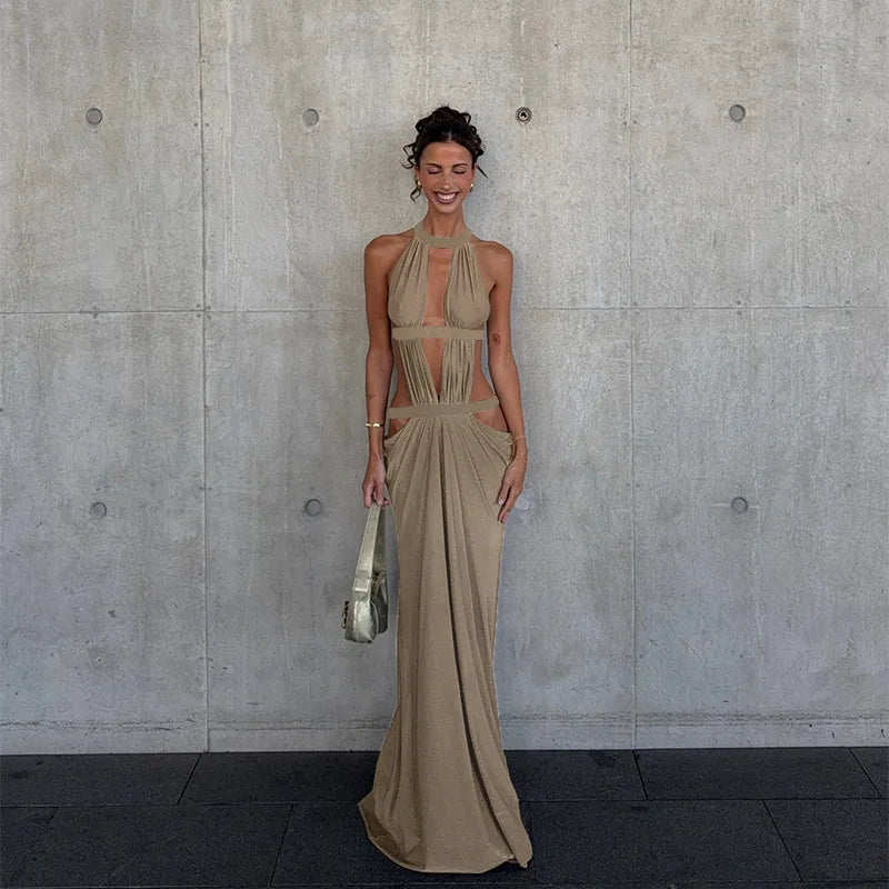 Khaki Halter Cut-Out Maxi Dress for Elegant Parties