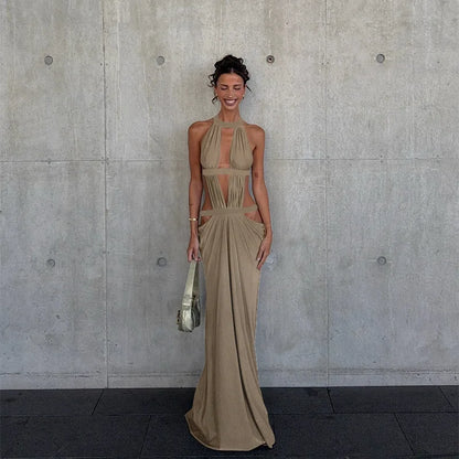 Khaki Halter Cut-Out Maxi Dress for Elegant Parties