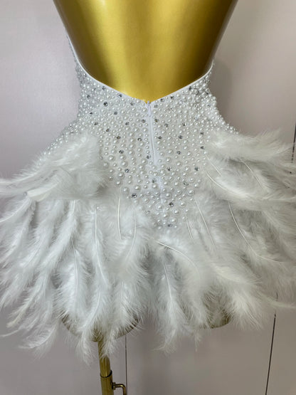 Luxury Rhinestones Pearls Feathers Halter Backless Dress