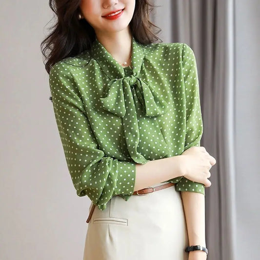 Shawl Collar Long Sleeve Blouse Women Polka Dot Cardigan