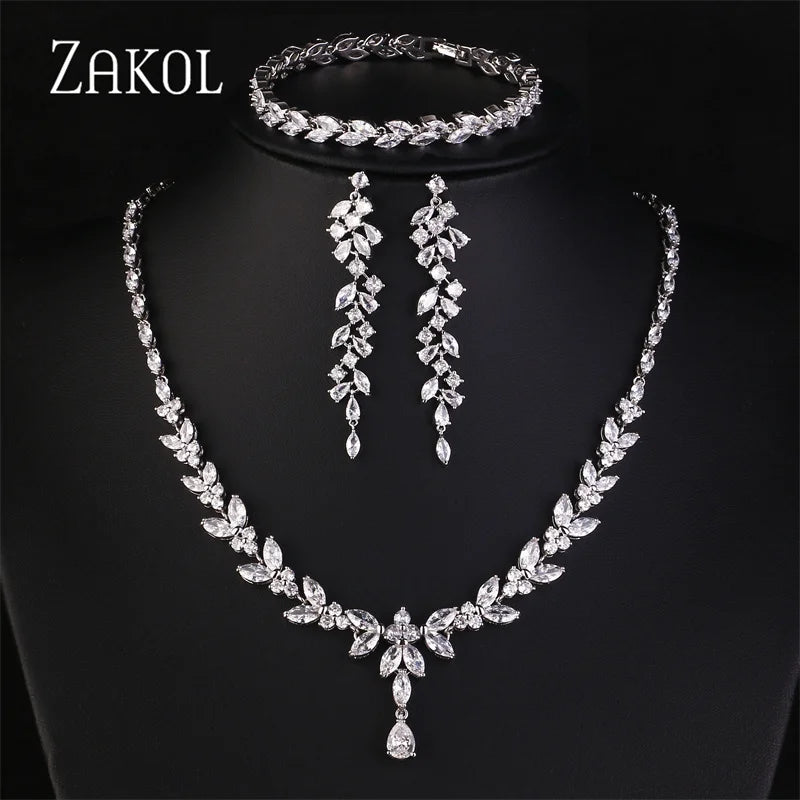 ZAKOL Brilliant Zirconia Leaf Jewelry Set for Women