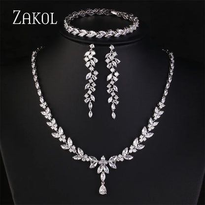 ZAKOL Brilliant Zirconia Leaf Jewelry Set for Women