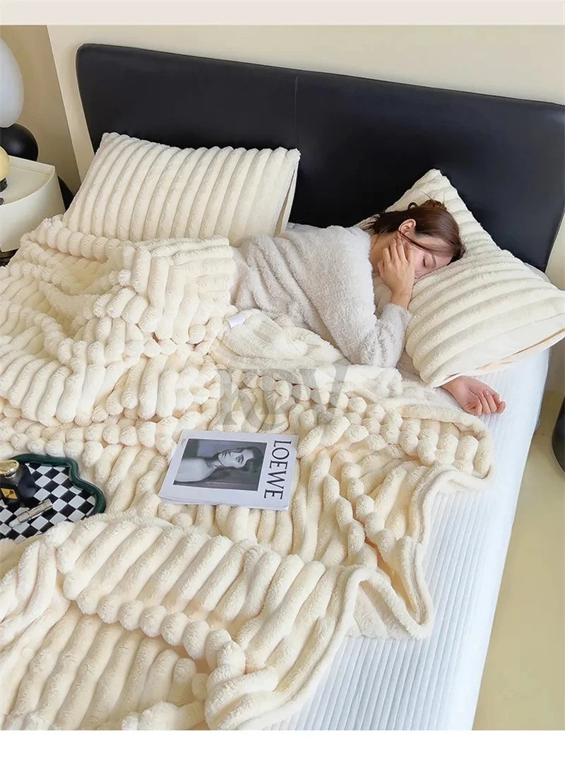 Luxury Faux Rabbit Fur Throw Blanket Solid Color Plush