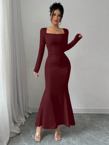 Elegant Retro Solid Color Square Collar Long Sleeve Dress